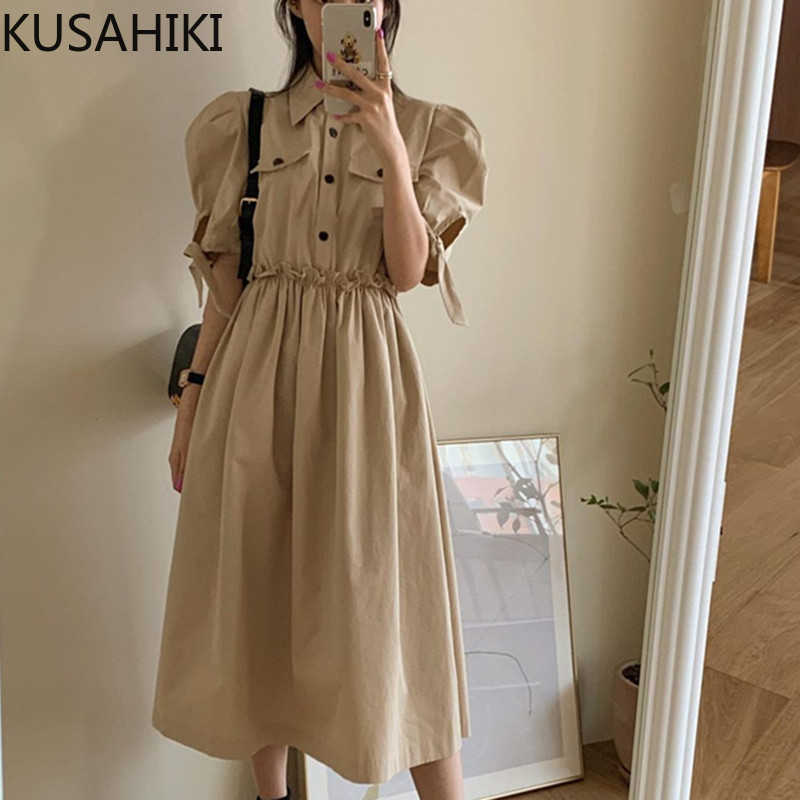 

Korean Elegant Women Dress Puff Short Sleeve Turn-down Collar Vestidos Femme Stretch High Waist A-line Dresses 6G142 210603, Khaki