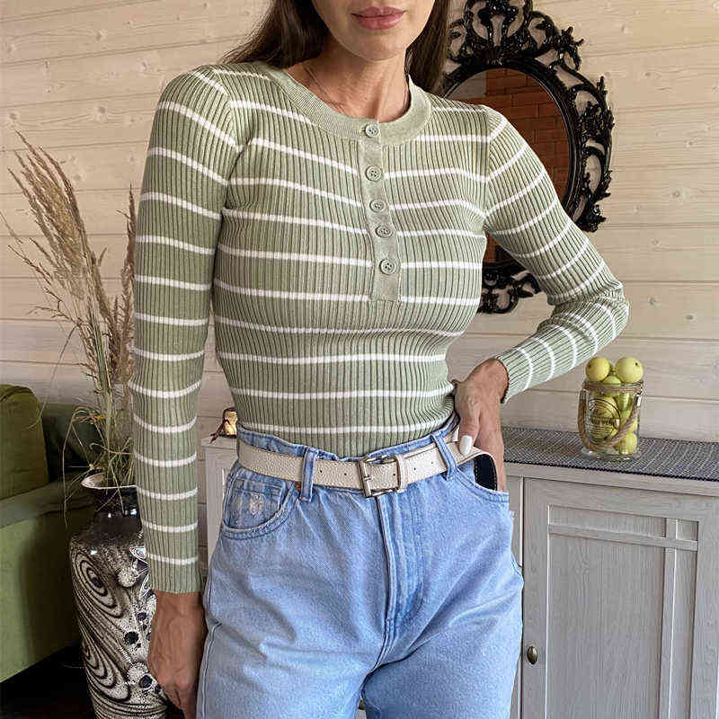 

Colorfaith New 2021 Winter Spring Women Sweater Buttons Knitted Pullovers Striped Casual Fashionable Wild Ladies Tops SW1696 Y1110, White