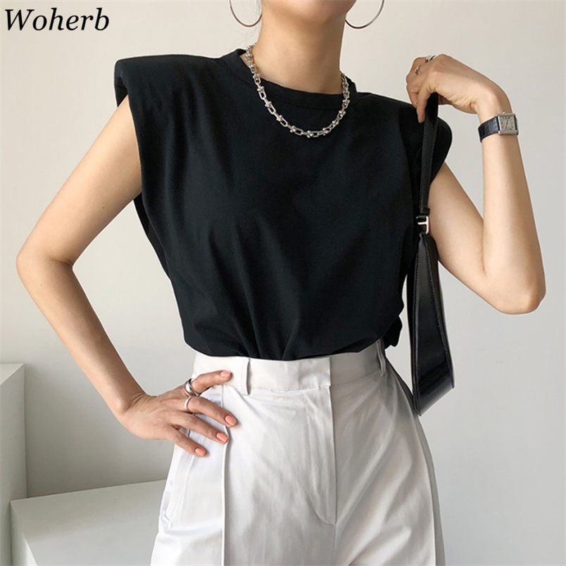 

Women T Shirt Summer Korean Chic Shoulder Pads Flying Sleeve Tees Female Vintage Loose Black O Neck Slim Fit Tops 210519, White