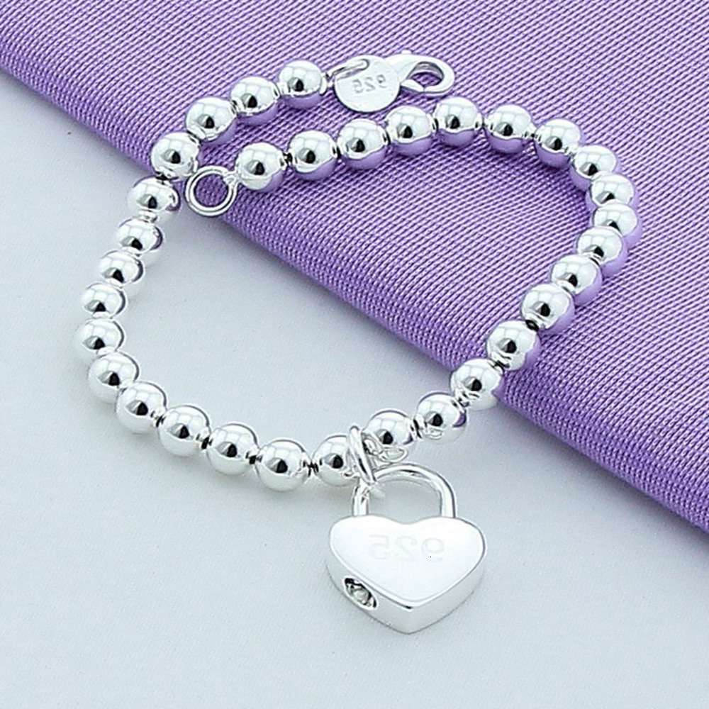 

Korean Fashion Bracelet 925 silver plated 6mm bead hanging heart lock creative women's gift, Golden;silver