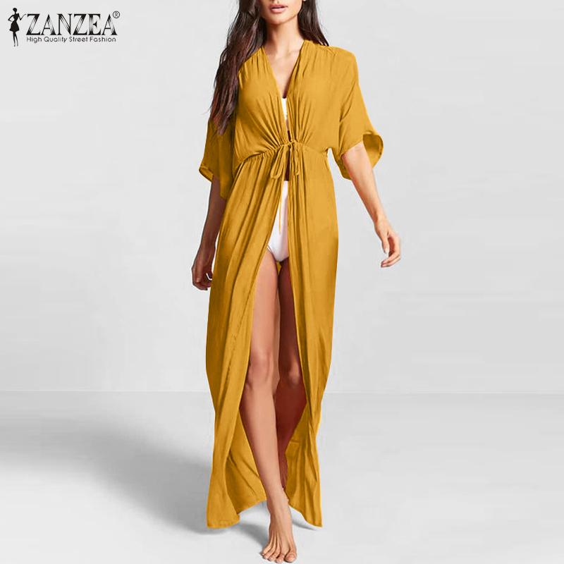 

Women's Blouses & Shirts Womens Fashion Swim Coats ZANZEA 2021 Summer Sexy V Neck Kimonos Holiday Long Cover Ups Female Solid Beach Cardigan, White