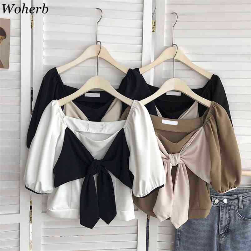 

Sweet Bow Bandage Shirt Korean Women Square Collar Blouse Summer Puff Sleeve Crop Top Fashion Short Blusas Mujer 210519, Deep blue