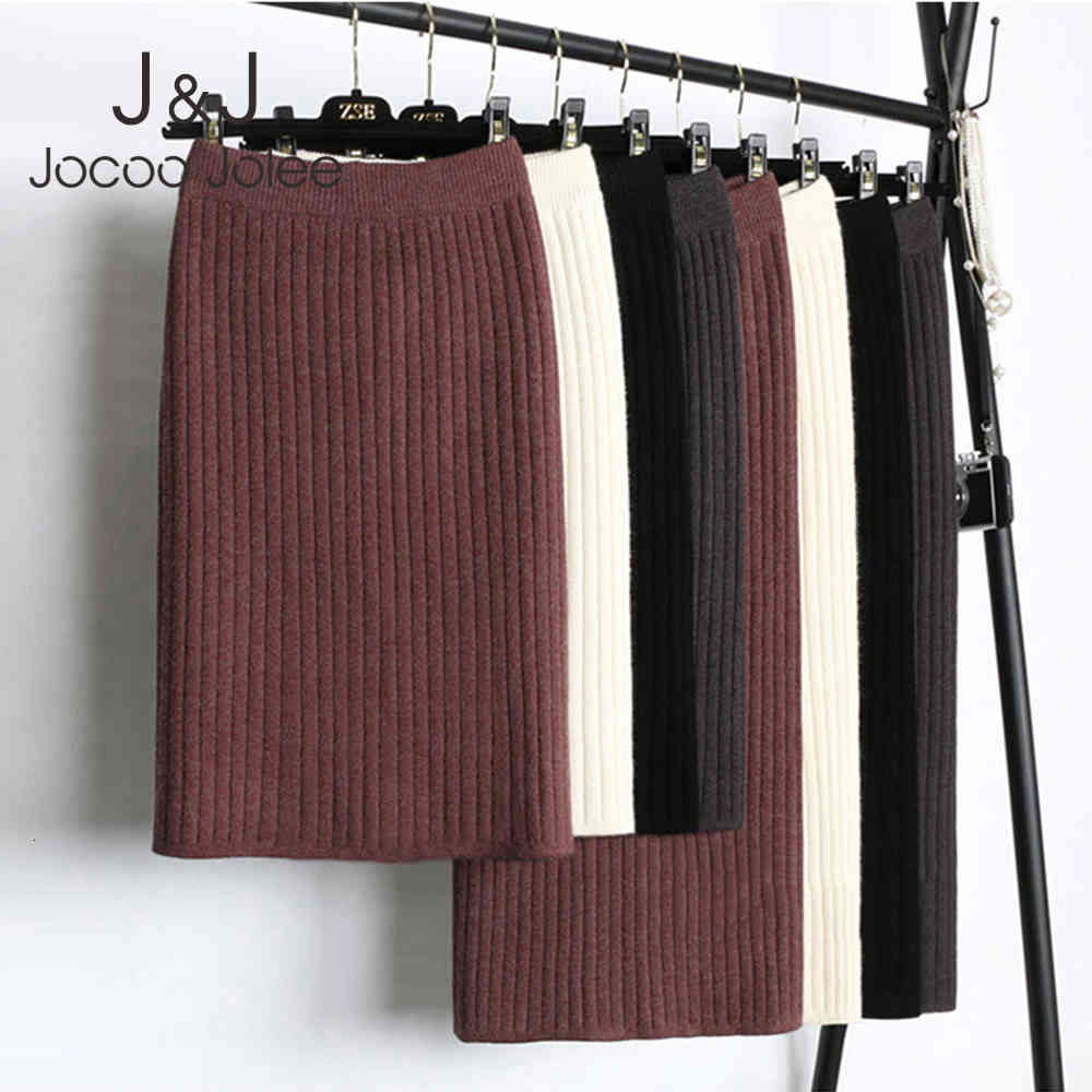 

Jocoo Jolee Elastic Band Women Skirts Autumn Winter Warm Knitted Straight Skirt Ribbed Mid-Long Skirt Black Bodycon Split Skirt 210518, Coffee 65cm