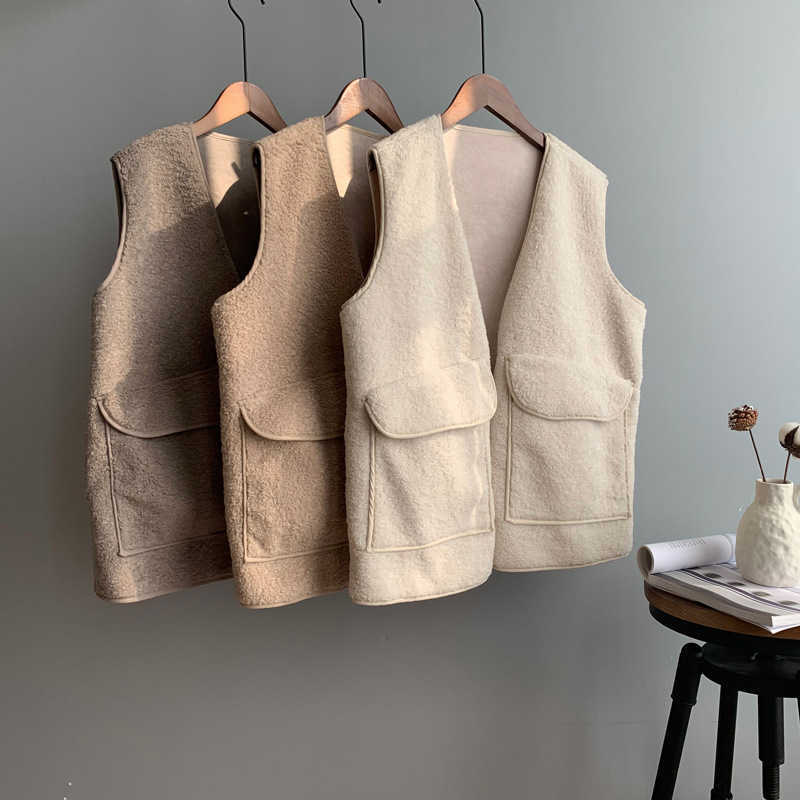

Style Autumn Winter Women's Clothing Korean Short Lalambswool Vest Loose Coat Plush Waistcoat 210607, Camel
