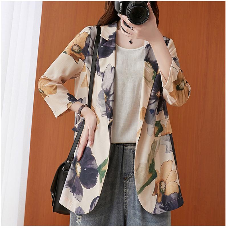 

Women's Suits & Blazers 2021 Women Print Blazer Spring Autumn Loose Notched Coat Three Quarter Jacket Plus Size Female Cotton Linen Arts Vin, Apricot
