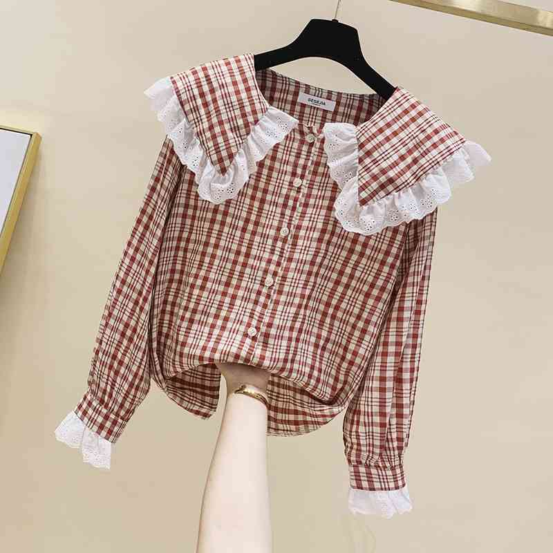 

Korean Style Autumn Fashion Women' Long Sleeves Lace Hollow Out Doll Collar Plaid Shirts Ladies Shirt Blouse Tops A4001 210428, Beige