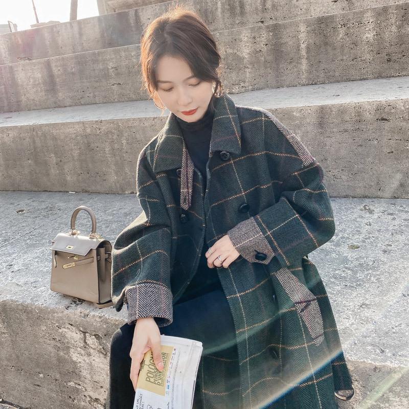

Hong Kong-style Retro Check Woolen Coat Women' 2021 Autumn And Winter Korean Style Long Loose Wool & Blends, Green