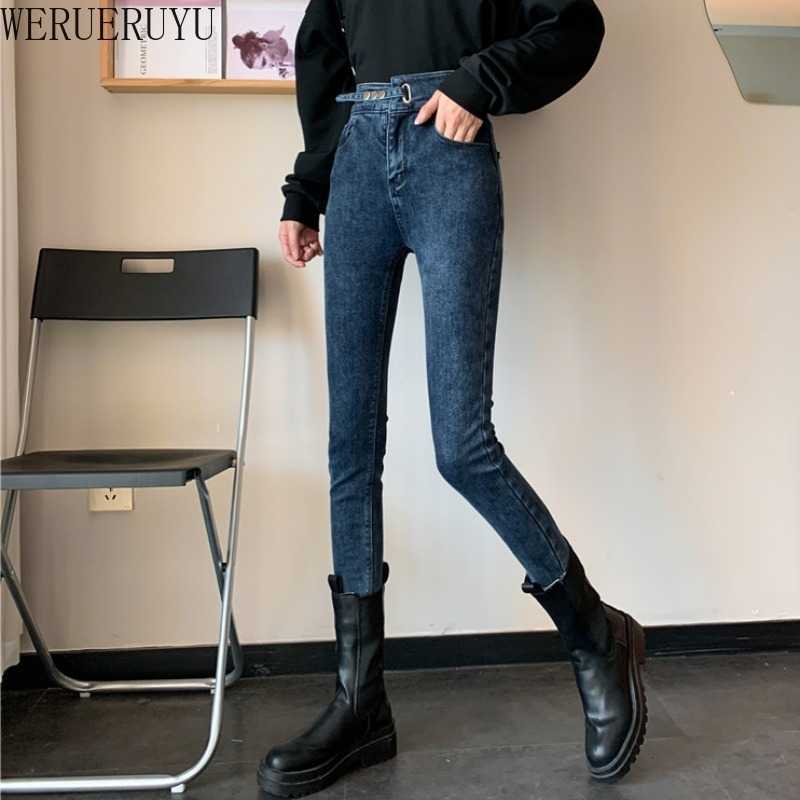 

WERUERUYU Tight Elastic Jeans Women's Feet Pants Autumn Winter Vintage High Waist Denim Trousers Women 210608, Photo color