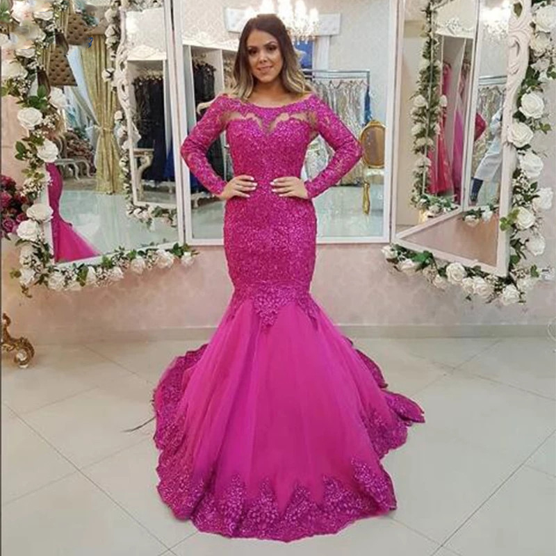 

Fuchsia Mermaid Evening Dresses Boat Neck Long Sleeves Appliques Lace Women Party Gowns 2022 vestido de festa, Khaki