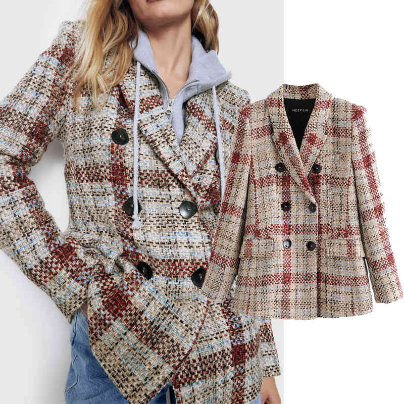 

Women's Down & Parkas autumn Lattice texture Double Breasted Coat Elegant Jacket Autumn Long Golden buttons NG0A, Black