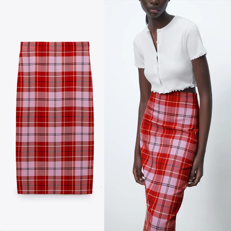 

za vintage plaid midi womens skirts high waist spring red woman fashion back vent side zip casual straight, Black