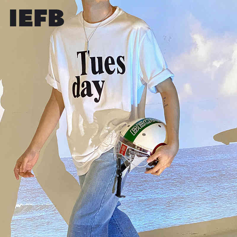 

IEFB Men's Summer Loose Yellow Tee Letter Print Short Sleeve Men's Korean Trend Round Neck T-shirt Causal Tops 9Y6933 210524