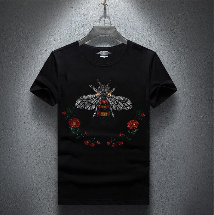 

Bee Print Rhinestone Decoration Men T-shirt Full Cotton Good Quality Summer Fashion Casual Streetwear Short Sleeve O Neck size -5XL- Black/White