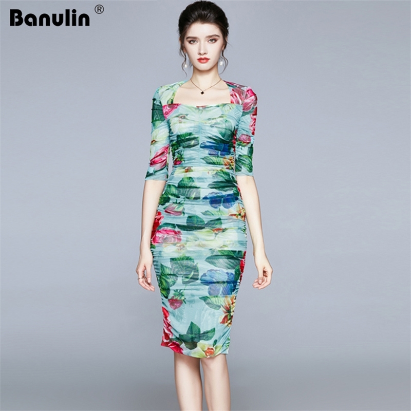 

Banulin Fashion Designer Runway Summer Dress Women Square Collar Half Sleeve Rose Floral Print Slim Package hip Mesh 210603, Green