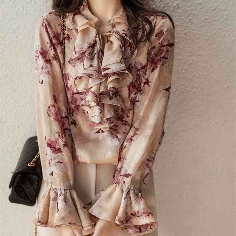 

LDYRWQY spring ruffled long-sleeved flared sleeve sweet chiffon shirt V-Neck Regular Nine Quarter Polyester 210603, Purple