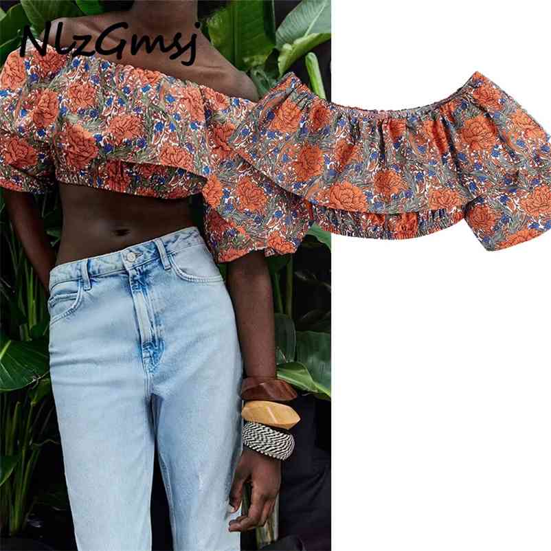 

Blouse Women Short Puff Sleeve Ruffle Vintage Summer Top Sexy Off Shoulder Woman Elastic Shirts 04 210628, As picture