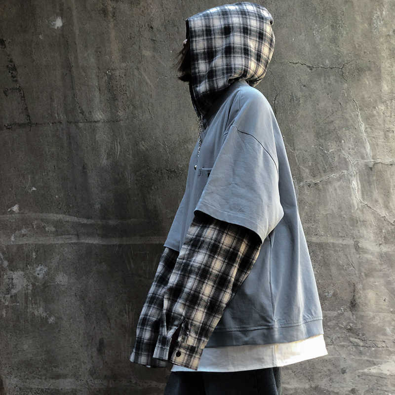 

Winter Korea ins Harajuku vintage BF plaid stitching shirt sleeve hooded sweatshirt women fashion loose casual 210608, Blue