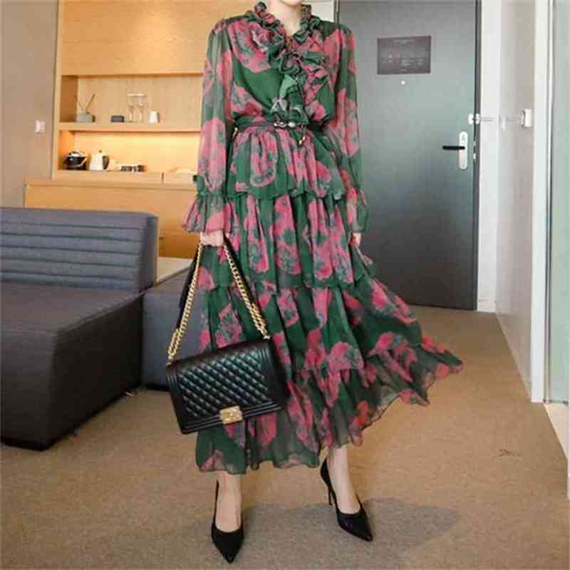 

Print Hollow Out Dress For Women O-neck Long Sleeve High Waist A Line Dresses Female Spring Fashion 210603, Picture color