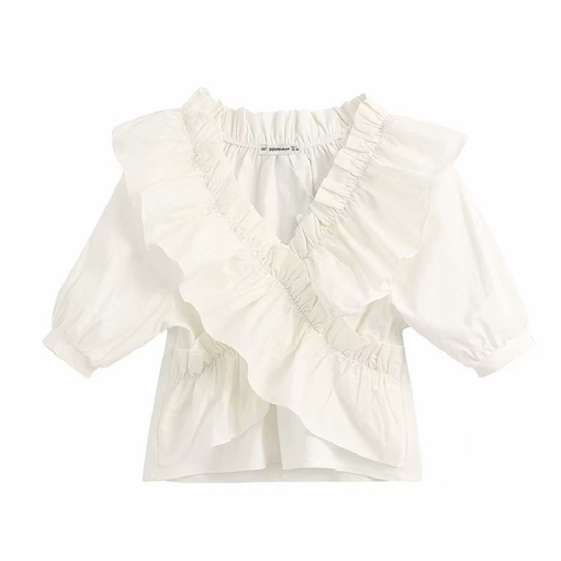 

Women Stylish Sweet Ruffles White Blouses Vintage V Neck Short Sleeve Stretch Shirts Girls Casual Chic Tops 210520, As picture