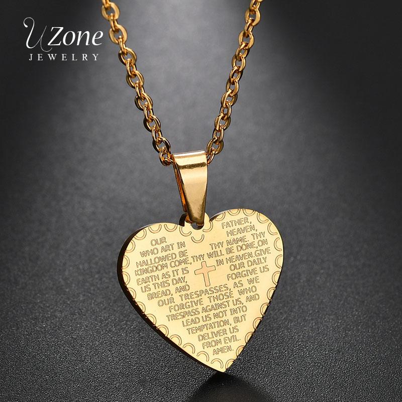 

Pendant Necklaces UZone Fashion Stainless Stee Gold Holy Bible Prayer Heart Jesus Cross Christian Scripture Link Chain