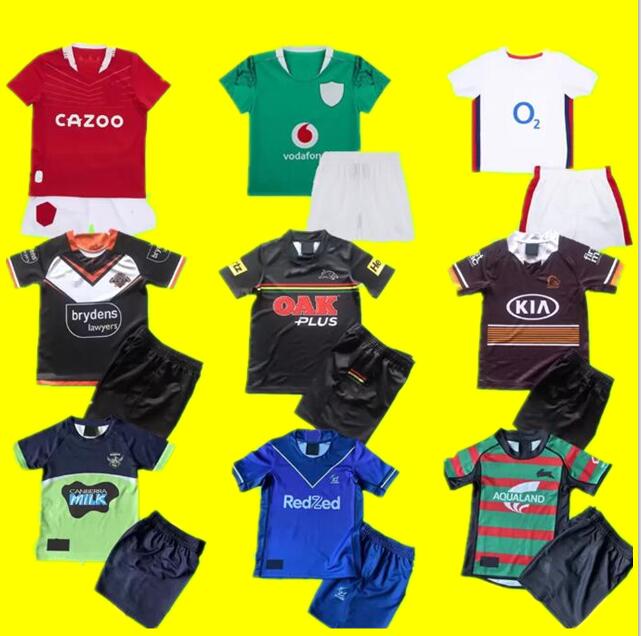 

Kids Kit with shorts England Ireland 2022 Rugby jerseys boys set Melbourne Broncos West tiger Rabbit Leopard home away jersey child children suit 16-26, 2021 kids kit