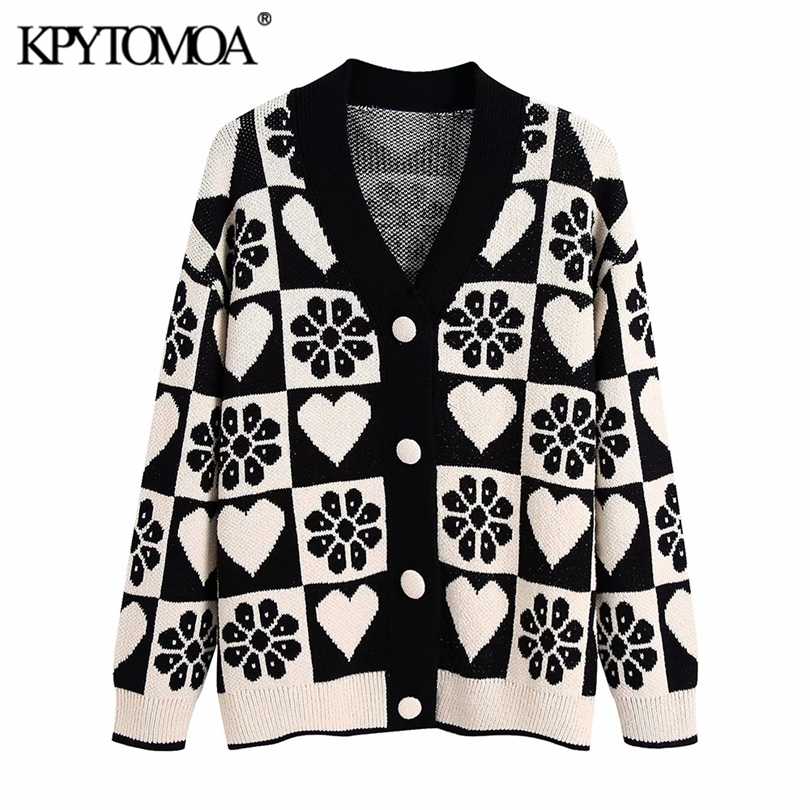 

KPYTOMOA Women Fashion Jacquard Loose Knit Cardigan Sweater Vintage Long Sleeve Covered Buttons Female Outerwear Chic Tops 211018, As picture