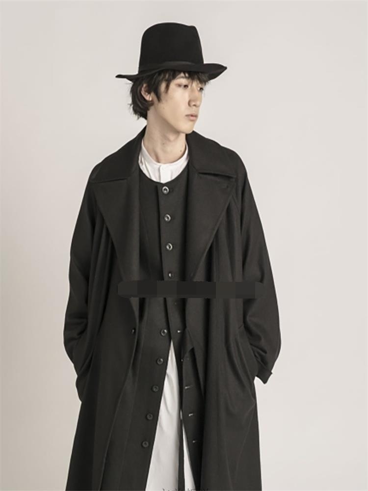 

Men' Trench Coats Urban Youth Fashion Loose Large Size Long Deep Black Coat Simple Lapel Design Windbreaker
