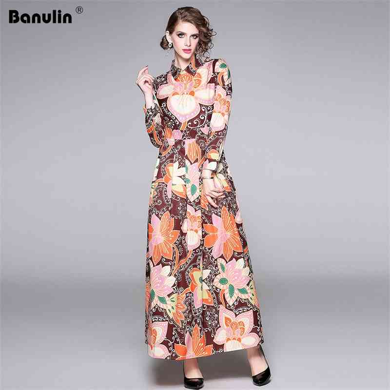 

Banulin Spring Autumn Fashion Runway Shirt Dress Plus size Women's Long Sleeve Ruched Ruffles Floral Print Maxi Vintage 210603, Blue