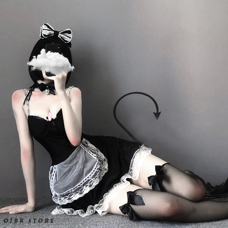 

OJBK Sexy French Maid Cosplay Costumes Short Mini Lace Dress With Headband Gothic Dark Color Style Role Play Lingerie For Couple, Red