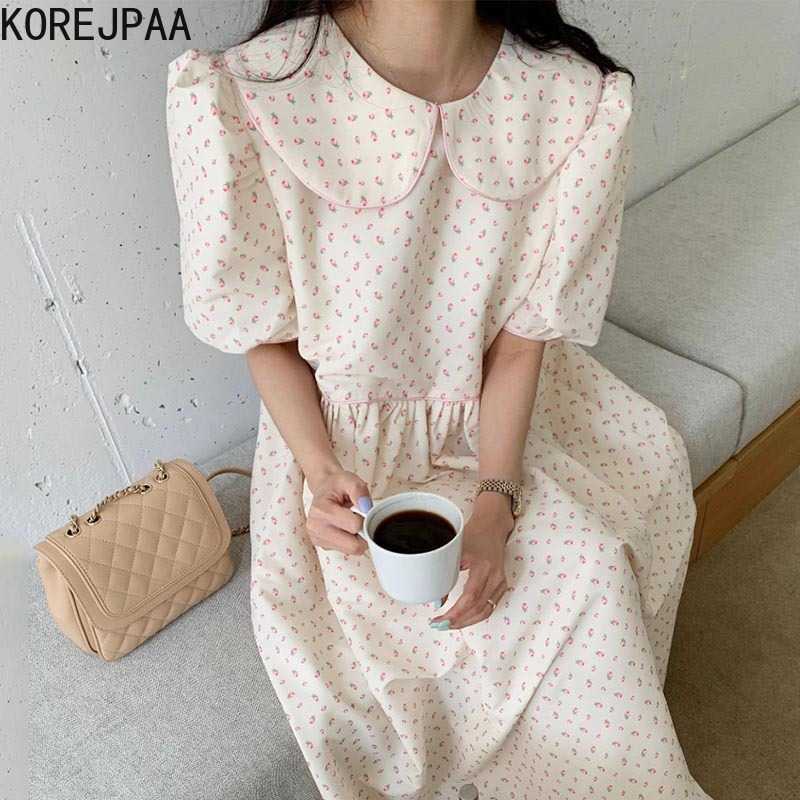 

Korejpaa Women Dress Summer Korean Chic Girls Gentle Sweet Doll Collar Full Screen Floral Design Waist Puff Sleeve Vestidos 210526, Pink