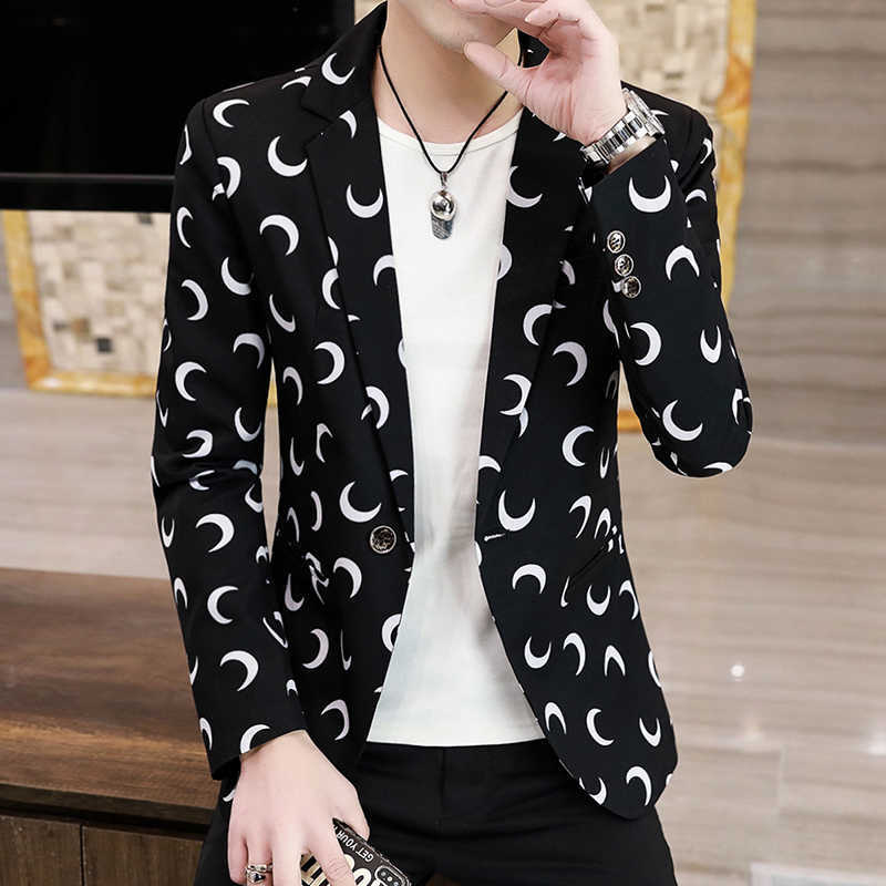 

Spring Blazer Jacket Mens Business Casual Suit Jackets Korean Printed Slim Fit Blazer Masculino Street Wear Social Dress Coat 210527, Black