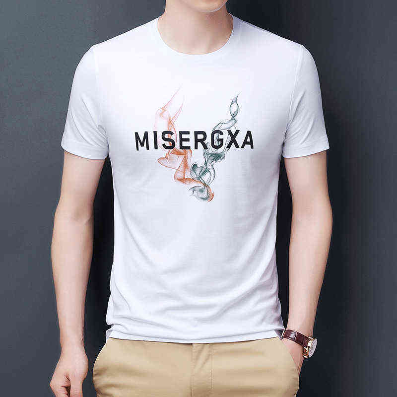2021 Summer Tencel Cotton Short Trend Korean Printed T-shirt Fashion Casual Half Sleeve Men's Wear-image-736839712