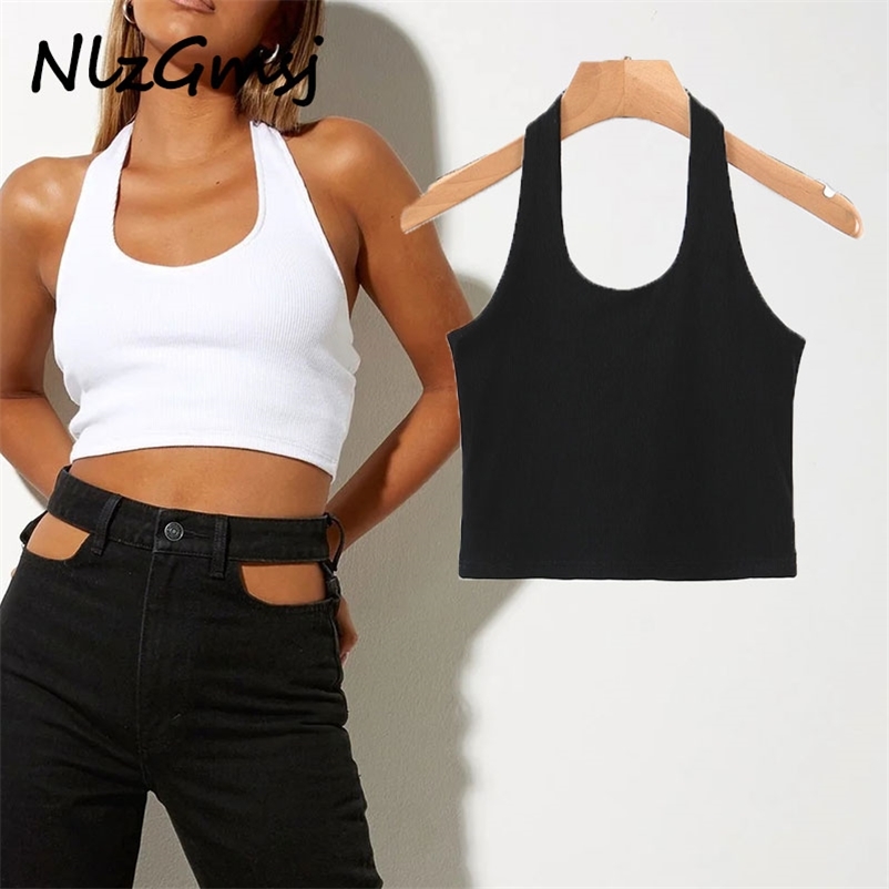 

Camis Tops for Women Streetwear Basic Sexy Backless Sleeveless White Straps Neck Hanging Cropped 04 210628, As picture