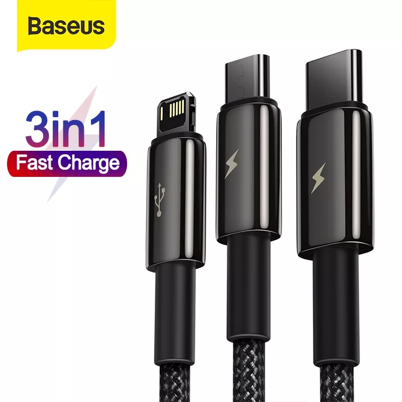 

Baseus 3 in 1 USB Cable for iPhone Android Mobile Phone Fast Charging USB Type C Micro Cable Wire Cord USB Cable for Huawei, Black