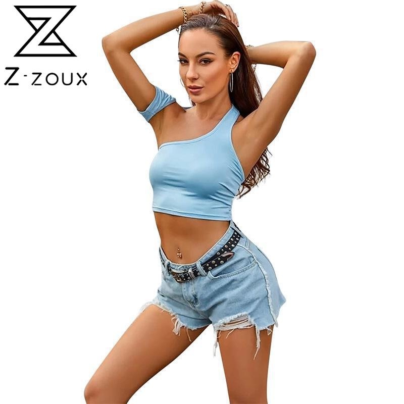 

Women T Shirt Irregular Tshirt Blue Sexy Crop Top Short s Backless Tee Female Tops Summer 210524