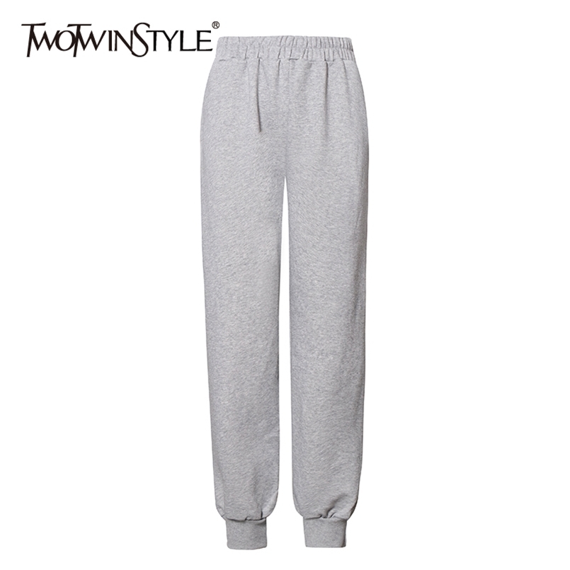 

Sporty Pants For Women High Waist Elastic Gray Solid Minimalist Trousers Female Fashion Clothing 210521, Black