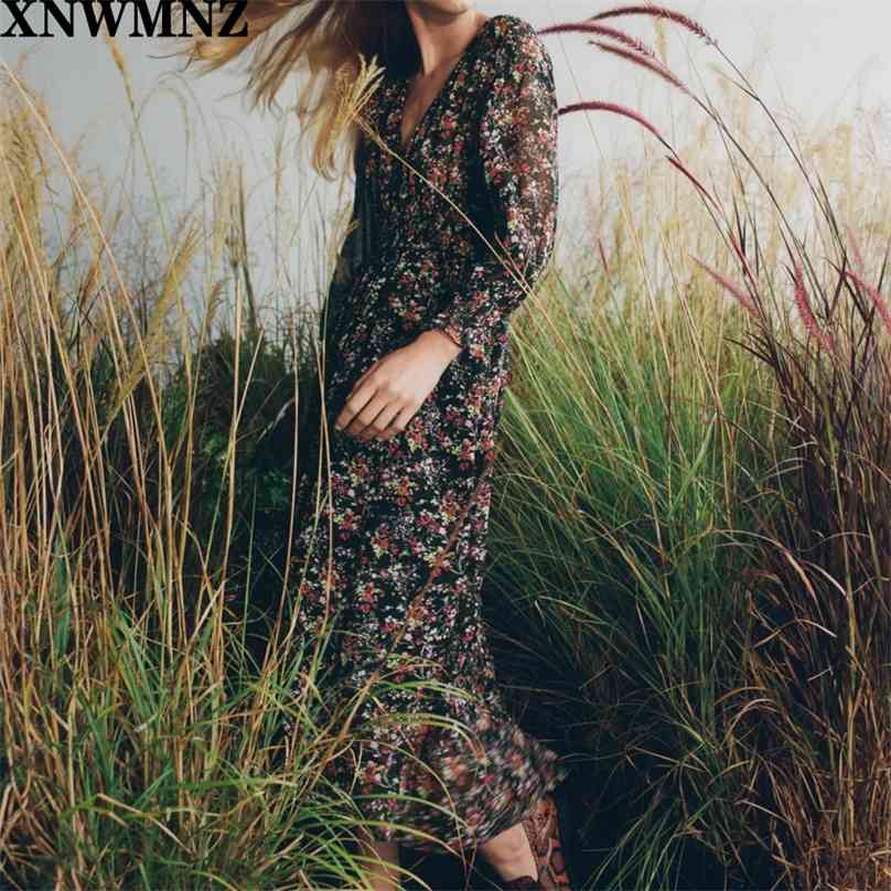 

Women Fashion long printed Elastic waistband dress Female V-neck Long sleeves smocked elastic cuffs asymmetric hem dresses 210520, Multi