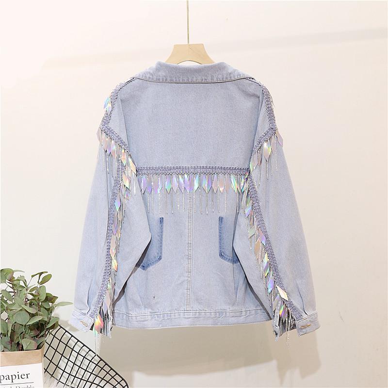 

Women's Jackets 2021 Special Offer Full Casaco Bomber Jaqueta Feminina Jeans Jacket Women Back Heavy Work Sequins Fringed Rhinestone Female, Blue