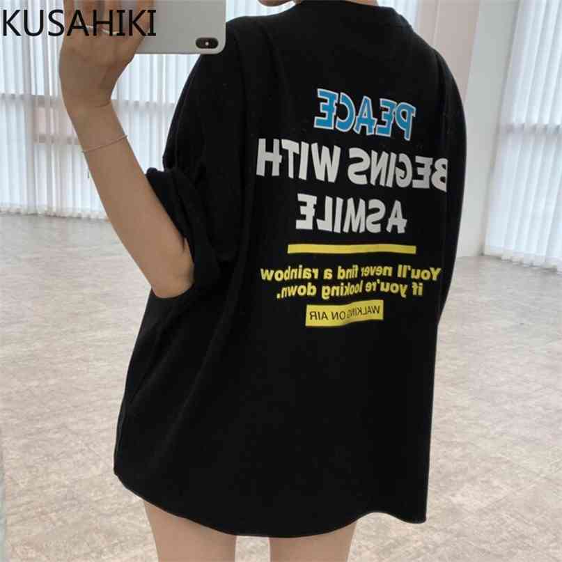 

Korean Causal Letters Printed Graphic Tee Short Sleeve O-neck Summer Woman Tshirts Fashion Loose Tops Shirt 6J835 210603, Black