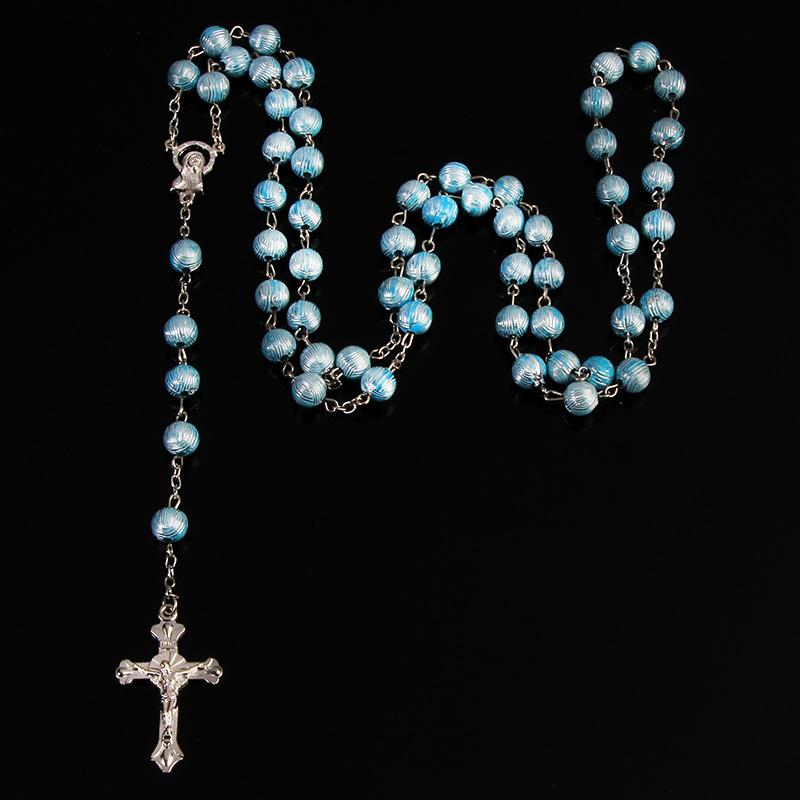 

Pendant Necklaces 8mm Pearl Crystal Bead Rosary Necklace Alloy Cross Virgin Mary Center Catholic Christian Religious Jewelry