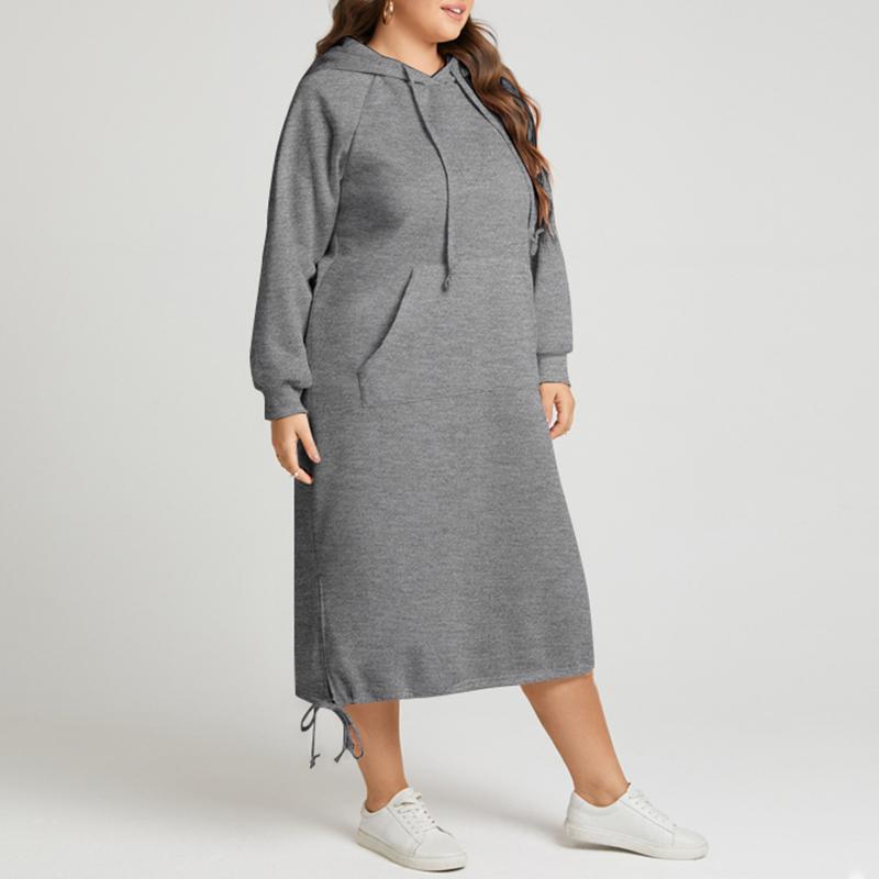 

Plus Size Dresses 2022 Women Sweatshirt Celmia Autumn Long Sleeve Fleece Warm Hoodie Dress Vintage Drawstring Hem Solid Hoody, Black