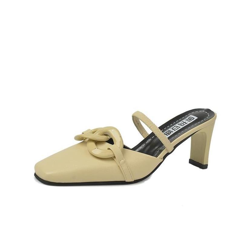 

Slippers Mature Baotou Women's Pure Color Casual Vamp Buckle Decoration Trend Sweet Elegant With Heels, Black