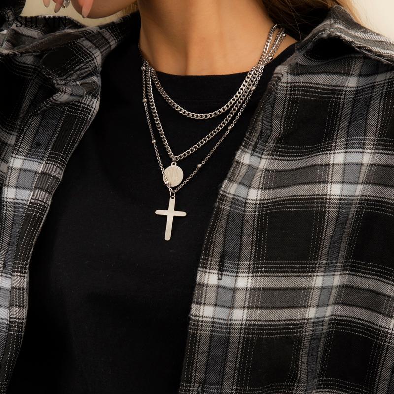 Pendant Necklaces SHIXIN Punk Hip Hop Chain Stainless Steel Necklace With Love Coin/Cross For Women/Men Long Gift-image-701555196