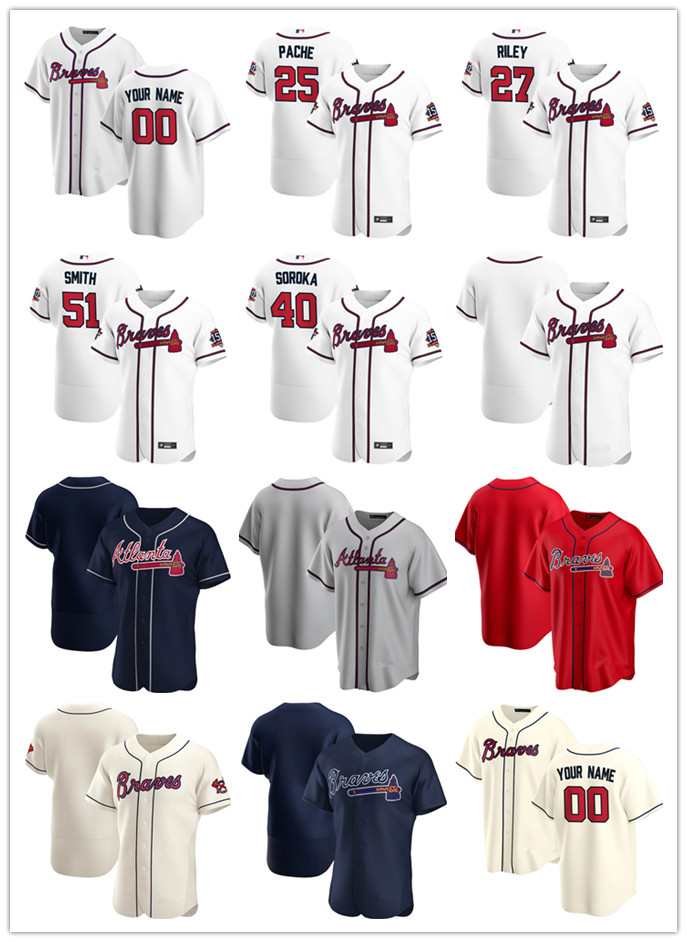 

Custom Jersey Mens women Youth Atlanta Braves 40 Mike Soroka 25 Cristian Pache 27 Austin Riley 51 Will Smith Baseball Jerseys, Blue;black