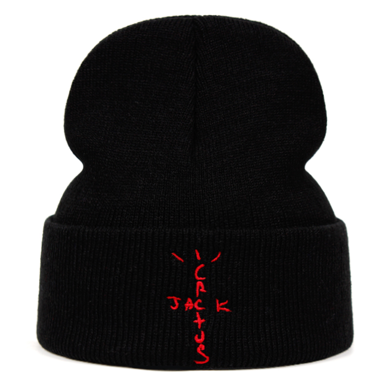 

Jack Cactus Beanie Travis Scott Cotton Embroidery Winter Knitted Hat Skullies Hip Hop Cap, Black and white