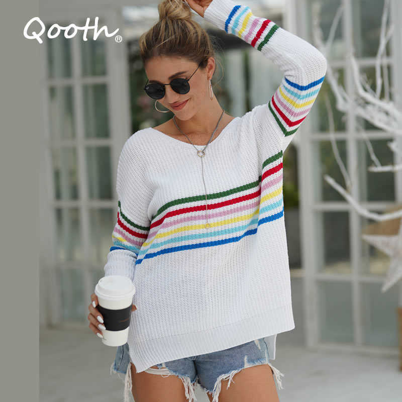 

Qooth Winter Fashion Women' Sweaters Rainbow Striped Slim Pullovers INS Style Knitted Jumper V Neck Pull Femme QT323 210609, Black