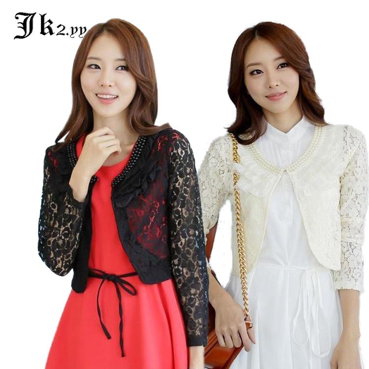 

Women's Jackets - 4XL Spring Ruffle Long Sleeve Lace Jacket Pearl Beaded Crochet Cardigan Ladies Tops Outerwear Plus Size Women Clothes 935, Beige