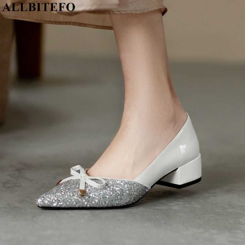 

ALLBITEFO fashion Sequins genuine leather sweet bowtie women heels shoes thick heels wedding women shoes high heel shoes 210611, As picture
