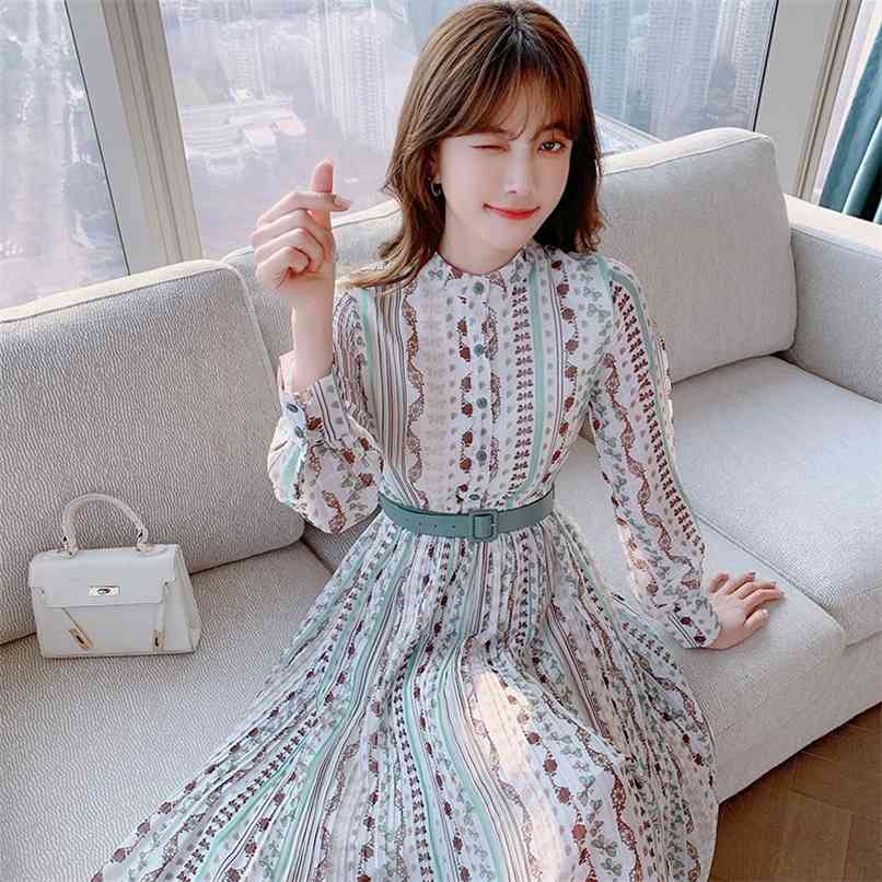 

Fashion women's dress spring and autumn printed chiffon skirt waist is thin temperament mid-length 210520, Mixed color