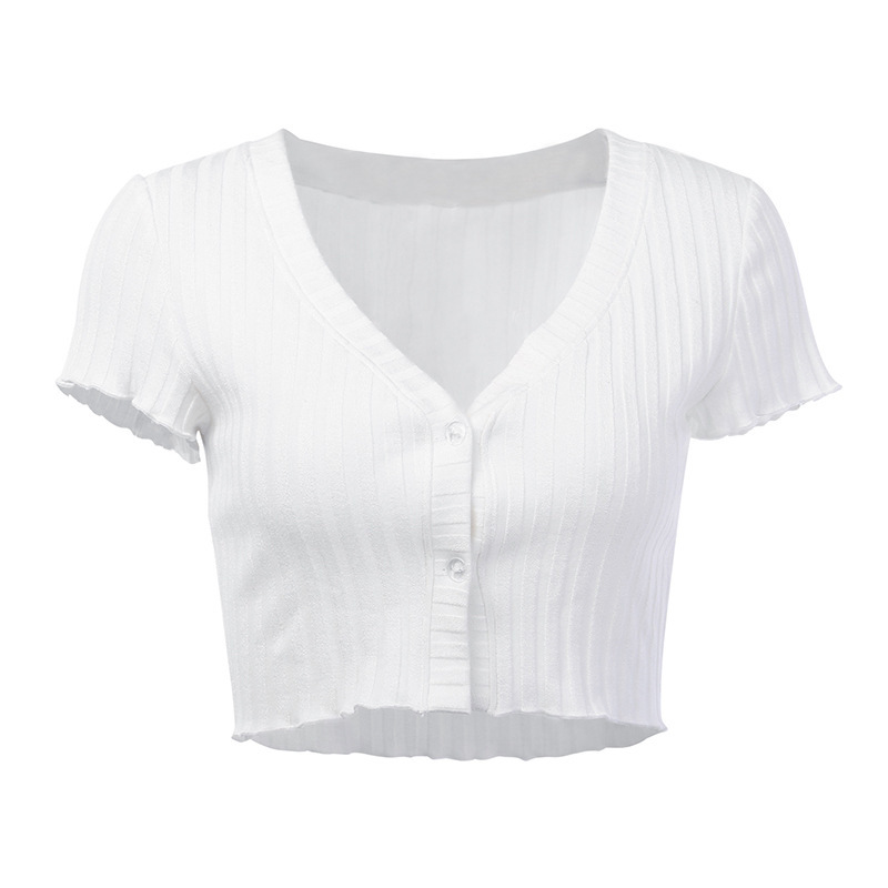 

Paris Girl Pit Cardigan Short Crop Top Sexy Button Large V-neck Women Wild Sleeve White Tops 210524